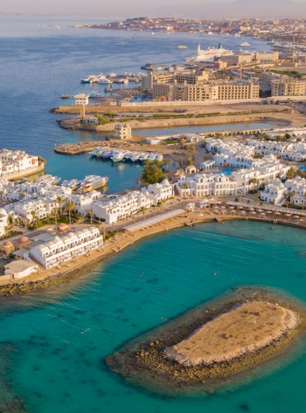 A bird's eye view of an island in the middle of the ocean